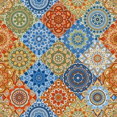 Seamless vector pattern with mandalas. Colorful print, fashion patchwork design.