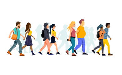 A collection of young couples walking together. Vector people illustration.