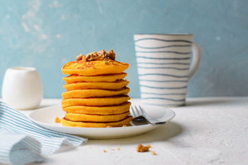 Pumpkin or Carrot Pancakes with Nuts, Stack of Homemade Pancakes