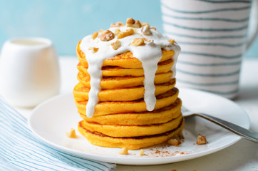 Pumpkin or Carrot Pancakes with Nuts, Stack of Homemade Pancakes