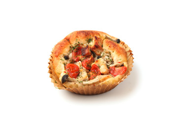 tomato mushrooms focaccia pizza bread isolated on white background