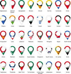 Flags in the form of a pin from Asian and Eastern countries with their names written below