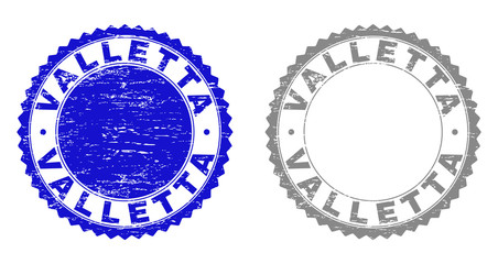 Grunge VALLETTA stamp seals isolated on a white background. Rosette seals with grunge texture in blue and grey colors. Vector rubber stamp imprint of VALLETTA label inside round rosette.