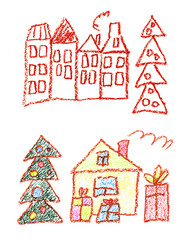 the children kindergarten with teacher hand drawn, outdoor in winter with snowman seasons isolated on the white background.
