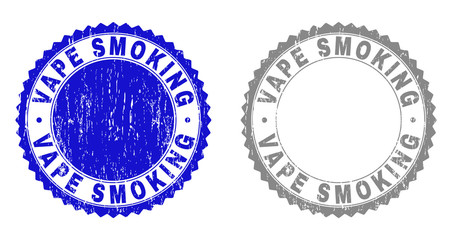 Obraz premium Grunge VAPE SMOKING stamp seals isolated on a white background. Rosette seals with distress texture in blue and grey colors. Vector rubber stamp imitation of VAPE SMOKING title inside round rosette.
