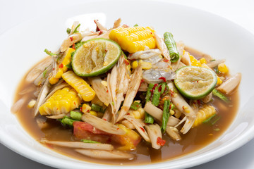 papaya salad (Som Tum) from Lotus root, add fresh shrimp and corn,very hot and spicy Thai  Food.