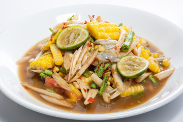 papaya salad (Som Tum) from Lotus root, add fresh shrimp and corn,very hot and spicy Thai  Food.