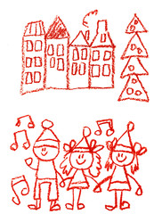 the children kindergarten with teacher hand drawn, outdoor in winter with snowman seasons isolated on the white background.