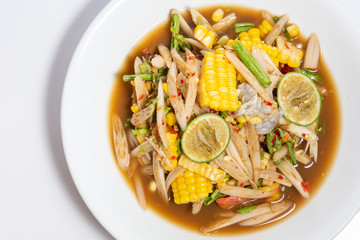 papaya salad (Som Tum) from Lotus root, add fresh shrimp and corn,very hot and spicy Thai  Food.