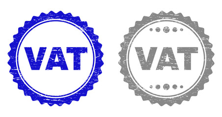 Grunge VAT stamp seals isolated on a white background. Rosette seals with grunge texture in blue and gray colors. Vector rubber watermark of VAT tag inside round rosette.
