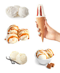 Set of different delicious vanilla ice creams on white background