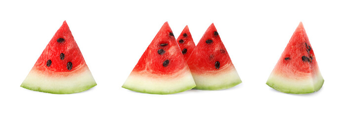 Set of delicious sliced ripe watermelon on white background