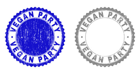 Obraz premium Grunge VEGAN PARTY stamp seals isolated on a white background. Rosette seals with grunge texture in blue and gray colors. Vector rubber stamp imprint of VEGAN PARTY text inside round rosette.
