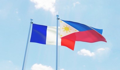 Philippines and France, two flags waving against blue sky. 3d image