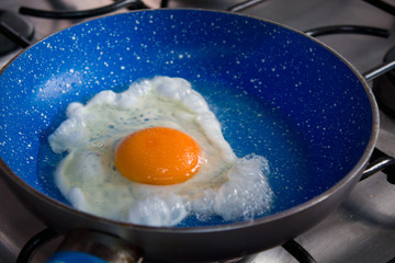 fried eggs in a blue pan