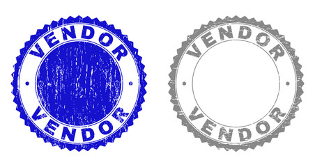 Grunge VENDOR stamp seals isolated on a white background. Rosette seals with grunge texture in blue and gray colors. Vector rubber stamp imitation of VENDOR label inside round rosette.