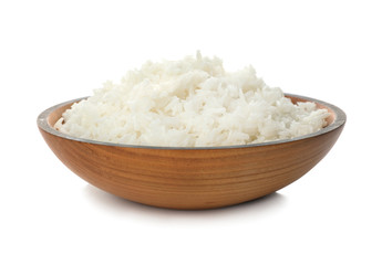 Bowl of boiled rice on white background