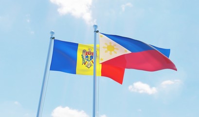 Philippines and Moldova, two flags waving against blue sky. 3d image