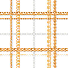 Gold chains and pearls on white luxury seamless pattern. For fashion design. Vector
