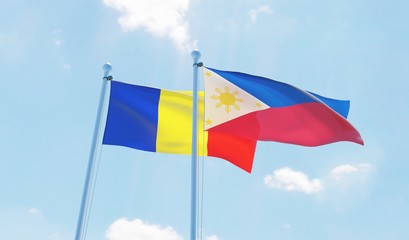 Philippines and Romania, two flags waving against blue sky. 3d image