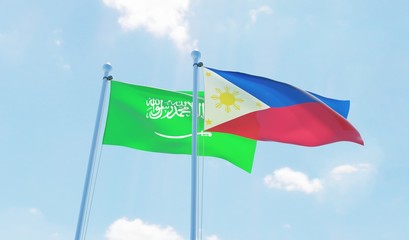 Philippines and Saudi Arabia, two flags waving against blue sky. 3d image