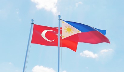 Philippines and Turkey, two flags waving against blue sky. 3d image