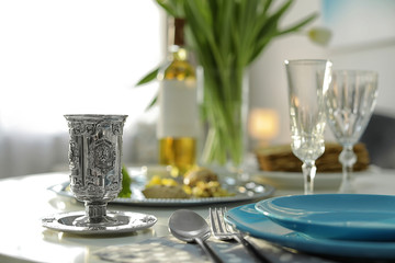Table served for Passover (Pesach) Seder indoors