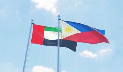 Philippines and UAE, two flags waving against blue sky. 3d image