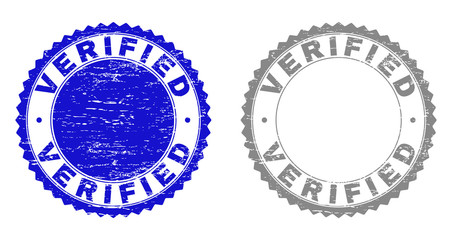Grunge VERIFIED stamp seals isolated on a white background. Rosette seals with grunge texture in blue and gray colors. Vector rubber stamp imprint of VERIFIED label inside round rosette.