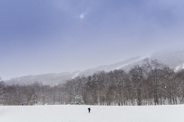 Obraz na płótnie Canvas Solitary skier hiking towards the ski trails.