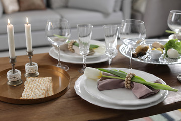 Festive Passover table setting at home. Pesach celebration