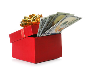 Gift box with dollar banknotes on white background