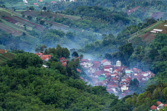 Mist over village near Mt Argapura, Majalengka, Cirebon, West Java, Indonesia