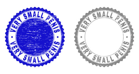Grunge VERY SMALL PENIS stamp seals isolated on a white background. Rosette seals with grunge texture in blue and grey colors. Vector rubber overlay of VERY SMALL PENIS label inside round rosette.