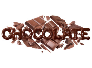 The word chocolate with with a broken chocolate bar, isolated on white background