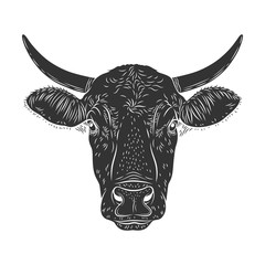 Cow calf bull’s head isolated on white background. Cattle logo. Butchery sign. Beef, farm symbol. Poultry. Black and white emblem, symbol, silhouette. Stamp. Vector stencil illustration. Sketch. 
