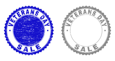 Grunge VETERANS DAY SALE stamp seals isolated on a white background. Rosette seals with grunge texture in blue and grey colors. Vector rubber overlay of VETERANS DAY SALE label inside round rosette.