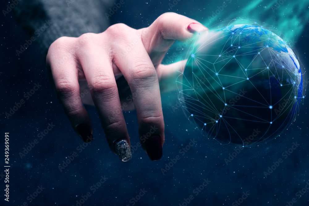 Aufkleber woman touching planet with finger and network web and blue nebula dust. mixed media.