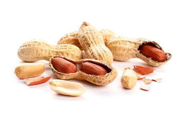 Dried peanut crushed close-up on white background. insulation