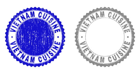 Grunge VIETNAM CUISINE stamp seals isolated on a white background. Rosette seals with grunge texture in blue and grey colors. Vector rubber stamp imprint of VIETNAM CUISINE tag inside round rosette.