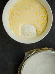 raw dough mix ingredients (eggs, flour and others). food background. copy space
