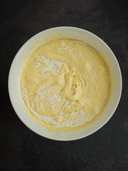 raw dough mix ingredients (eggs, flour and others). food background. copy space