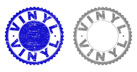 Grunge VINYL watermarks isolated on a white background. Rosette seals with grunge texture in blue and grey colors. Vector rubber stamp imprint of VINYL title inside round rosette.