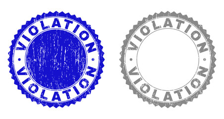 Grunge VIOLATION stamp seals isolated on a white background. Rosette seals with distress texture in blue and grey colors. Vector rubber overlay of VIOLATION text inside round rosette.