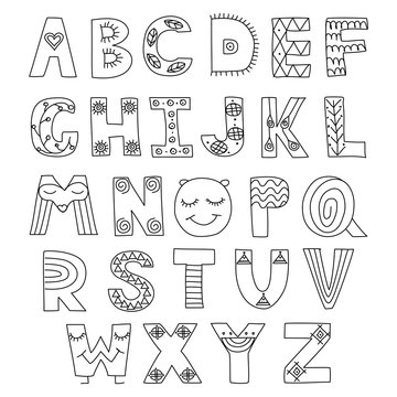 Vector hand drawn boho or ethnic style lettering / alphabet set
