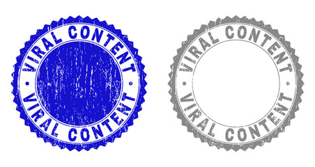Obraz premium Grunge VIRAL CONTENT stamp seals isolated on a white background. Rosette seals with grunge texture in blue and grey colors. Vector rubber stamp imprint of VIRAL CONTENT label inside round rosette.