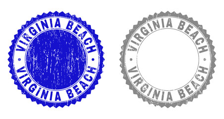 Grunge VIRGINIA BEACH stamp seals isolated on a white background. Rosette seals with grunge texture in blue and gray colors. Vector rubber stamp imitation of VIRGINIA BEACH tag inside round rosette.