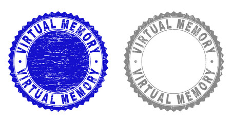 Grunge VIRTUAL MEMORY stamp seals isolated on a white background. Rosette seals with grunge texture in blue and grey colors. Vector rubber overlay of VIRTUAL MEMORY label inside round rosette.