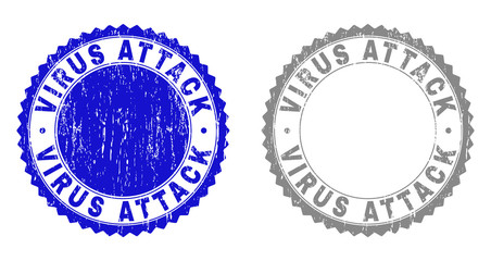 Grunge VIRUS ATTACK watermarks isolated on a white background. Rosette seals with grunge texture in blue and gray colors. Vector rubber stamp imprint of VIRUS ATTACK tag inside round rosette.