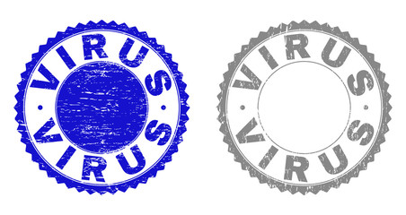 Grunge VIRUS stamp seals isolated on a white background. Rosette seals with grunge texture in blue and grey colors. Vector rubber stamp imprint of VIRUS tag inside round rosette.